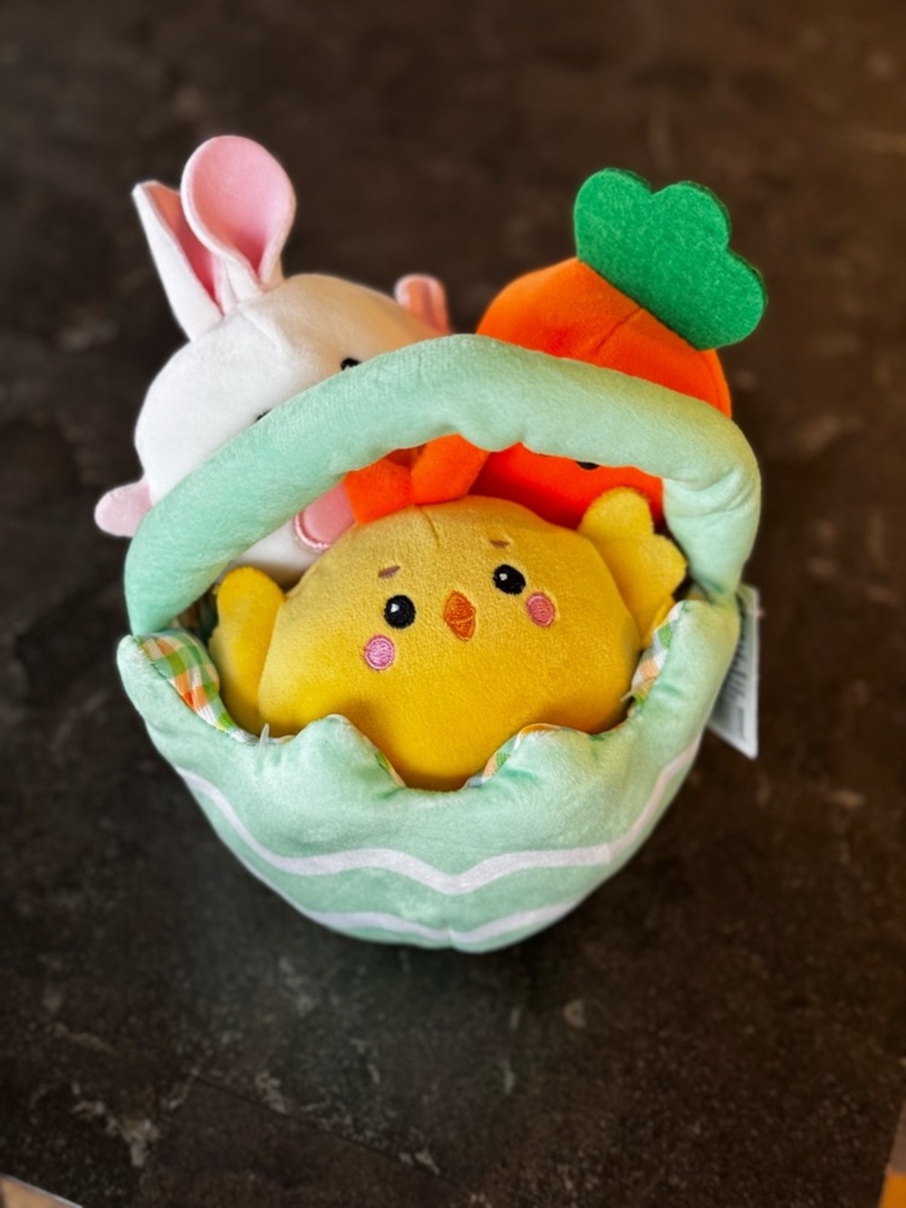 Plush Pastel Green Egg Basket with Chick, Bunny & Carrot